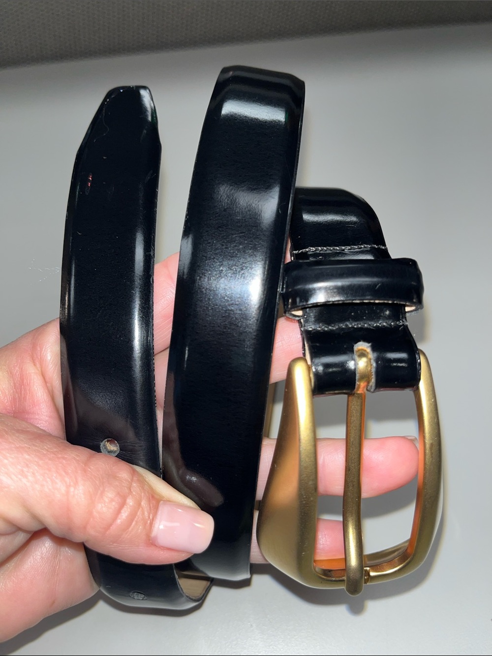 Women's Black Leather Belt with Gold-Tone Buckle